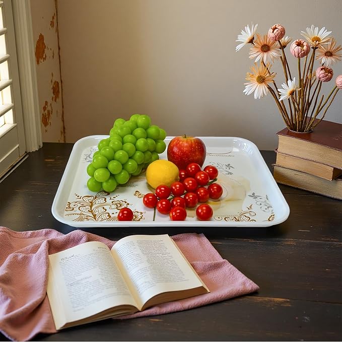 Large Serving Platter Melamine Trays 2 Pack Stackable Food Tray with Floral Print for Gift, Party, Decor, Home, Restaurant (Gold Rose, Medium)
