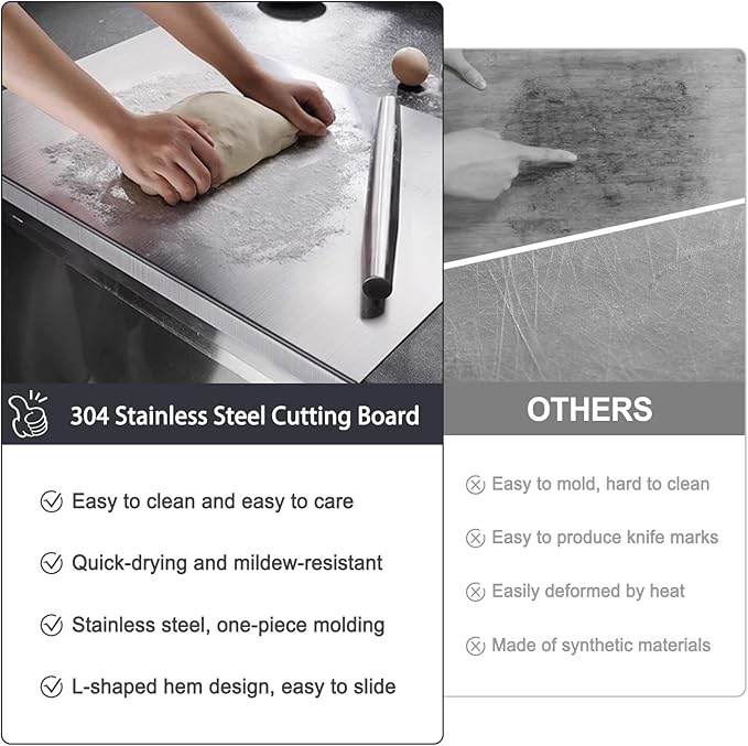 304 Stainless Steel Cutting Board – Stainless Steel Kitchen Chopping Boards Non-Slip, Dishwasher Safe – Ideal for Meat, Vegetables, Fruits, Bread & Baking – Commercial & Home Use (19.6 * 19.6in)