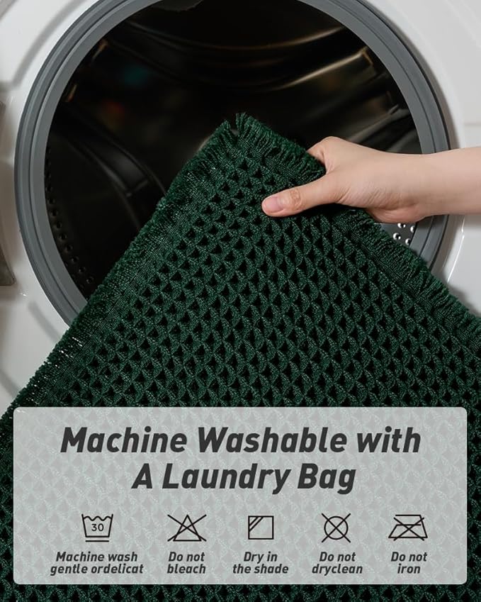 AMOAMI Upgraded Waffle Runner Rug Super Absorbent Non Slip Bath Mats for Bathroom Machine Washable Bathroom Runner Rug with Tassels, Ideal for Hallway Bedroom Laundry Room, 17" x 48", Dark Green