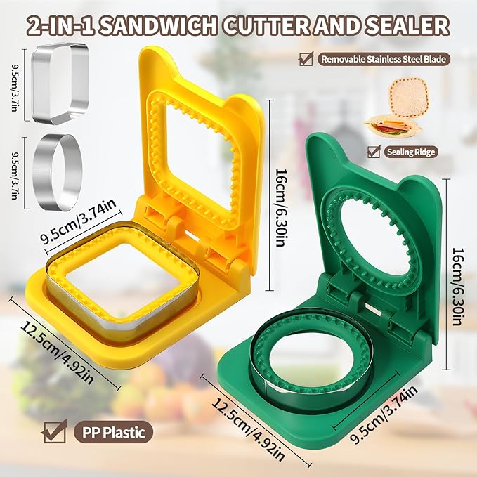 Uncrustable Sandwich Maker Sandwich Cutter and Sealer 2-in-1, Square and Round Crustless Sandwich Maker for Lunch, Picnic, School, Fast Healthy Snacks (Yellow & Green)