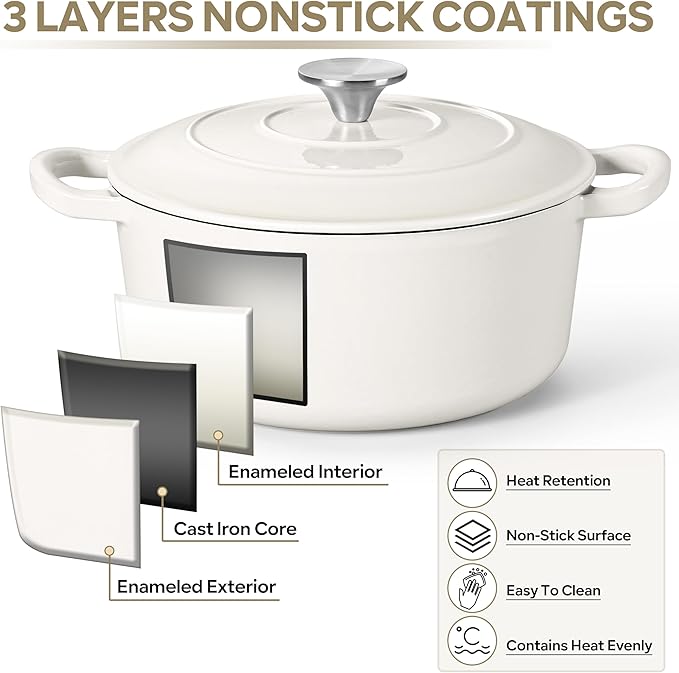 Herogo 3QT Enameled Cast Iron Dutch Oven with Lid, Heavy Duty Round Dutch Oven Pot with Dual Handles for Bread Baking Stewing Roasting, Safe for Various Stovetops, Nonstick & Easy Cleanup - White