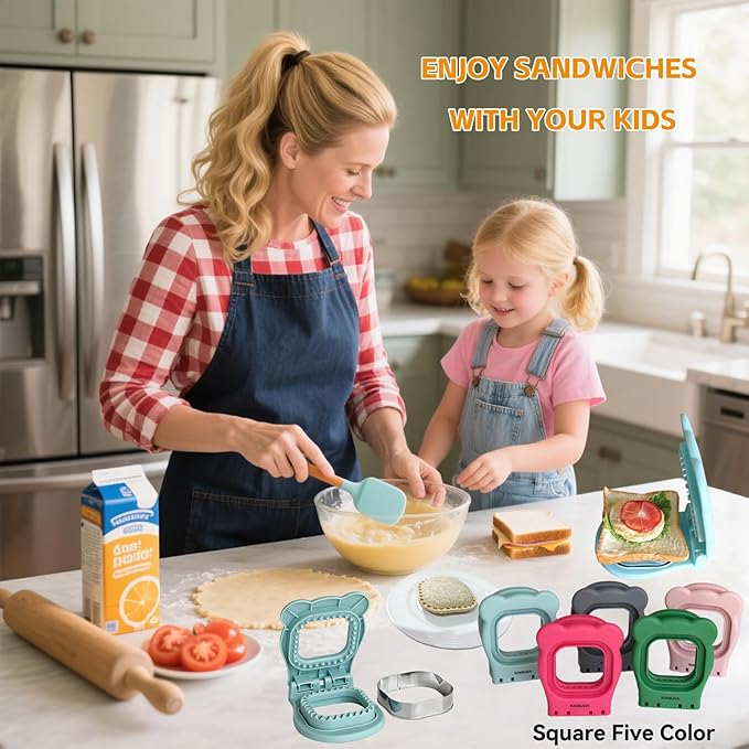 Sandwich Cutter and Sealer - 3.7" Circle & Square Pocket Sandwich Maker, Intuitive & Easy-to-Use for Boys &Girls, Perfect for Breakfast & Lunchboxes (Light Blue, Square)