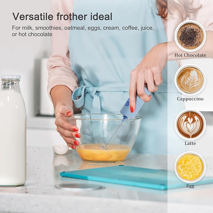 Powerful Electric Milk Frother, Battery Operated Drink Blender, Foam Maker Mixer, Milk Frother Handled for Coffee, Latte, Matcha, Protein Powder (Blue)