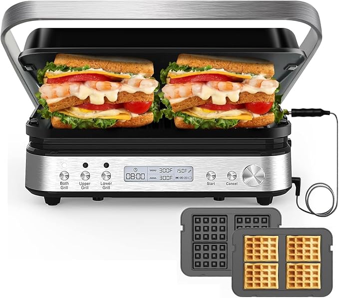 Panini Press Grill Sandwich Maker with Removable Plates, Cattleman Cuisine 6 in 1 Indoor Grill with Meat Thermometer, Electric Contact Grills for Kitchen, Stainless Steel, 1600W