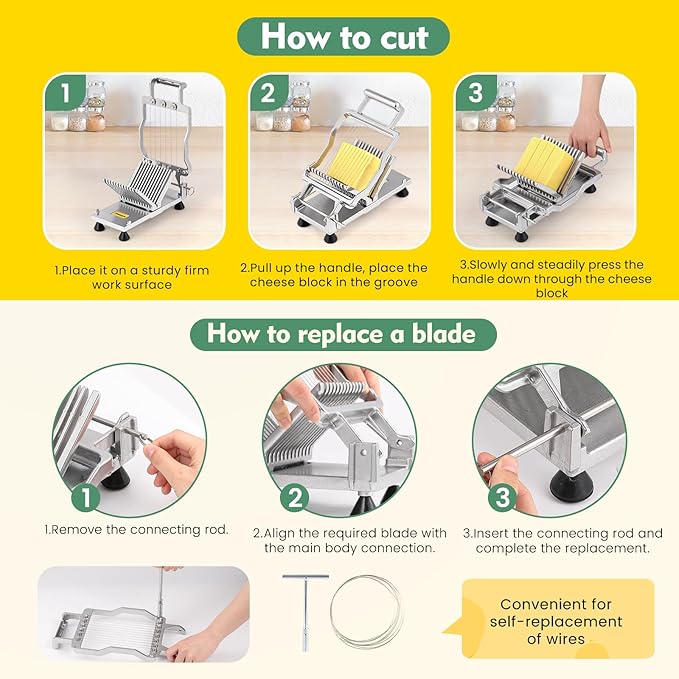 Huanyu Commercial Cheese Slicer Butter Cutter with 316 Stainless Steel Wire 3/8 IN&3/4 IN Blades Replaceable Block Cheese Cutting Board Aluminum Alloy Body Home&Restaurant Kitchen Cooking Baking Tool