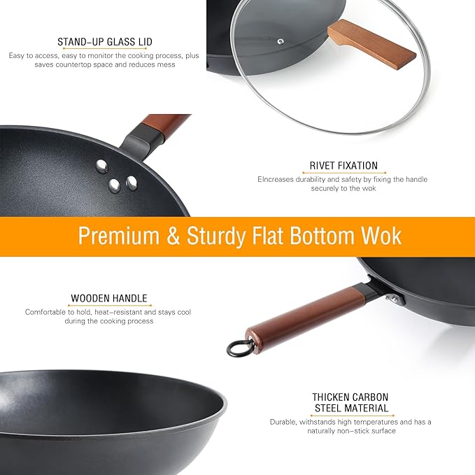 Nonstick Wok with Lid, 13 Inch Woks & Stir Fry Pans Nonstick, Carbon Steel Wok for Cooking, Pre-Seasoned Flat Bottom Chinese Wok for Induction, Electric, Gas Stoves