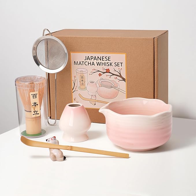 Pink Matcha Whisk Set, 6 Pcs Matcha Kit Includes Pink Matcha Bowl with Spout, Macha Whisk & Holder, Tea Scoop, Stainless Sifter, Cat Scoop Rest, Unique Macha Gifts for Women, Friend, Birthday