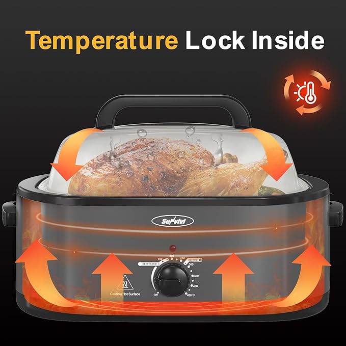 Roaster Oven, Electric Roaster Oven with Viewing Lid, Large Roaster with Removable Pan & Rack, Turkey Roaster with Unique Defrost/Warm Function, Stainless Steel, Grey, 26QT