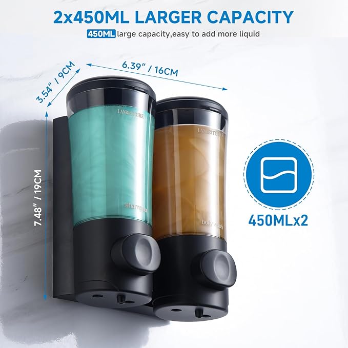 Shampoo and Conditioner Dispenser,Shower Dispenser 2 Chamber No Drill Shampoo Dispenser for Shower Wall Mounted Shower Shampoo Body Wash for Bathroom,Hotel,2 * 450ML,Black