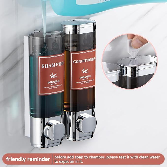 Shampoo and Conditioner Dispenser Wall Mounted Shower Soap Dispenser No Drill Shampoo Dispenser for Shower 2 Chamber Bathroom Body Wash Shower Gel Holder Chrome