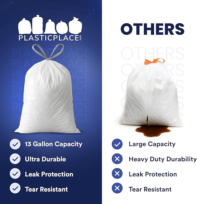 Plasticplace 8 Gallon Trash Bags: Premium White Drawstring Garbage Bag, 0.7 Mil Thickness, Durable Trash Can Liners, Garbage Bags for your Trash Can, Ring Size 22" x 22" (Pack of 100)