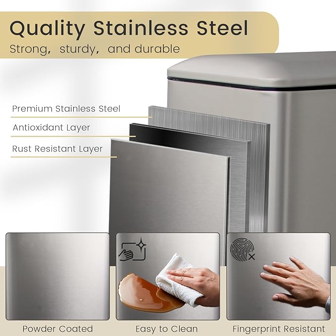 30L/Slim 8 Gallon Stainless Steel Trash Can with Soft-Close Lid & Removable Inner Bucket, Fingerprint-Proof, Odor-Controlled Kitchen Bathroom & Office Waste Bin, Grey