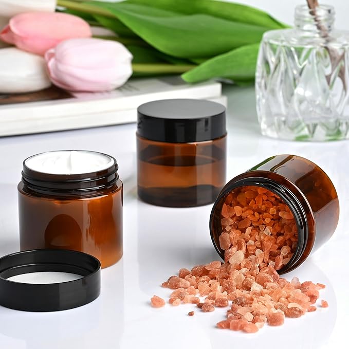 TUZAZO 2 Oz Amber Plastic Cosmetic Jars Leak Proof Small Container with lids for Cream, Lotion, Powder, Ointments, Beauty Products, 12 Pcs