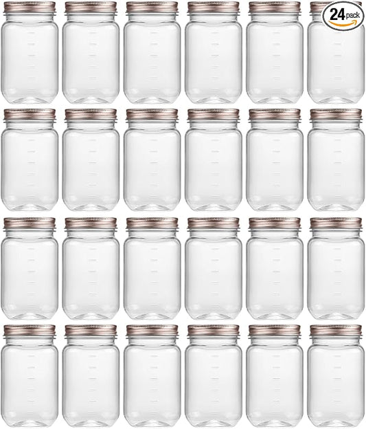 novelinks 16 oz Clear Plastic Jars with Screw-On Lids - BPA-Free Refillable Storage Containers for Slime, Food, Crafts, Kitchen & Household Use (24 Pack,Rose Gold)