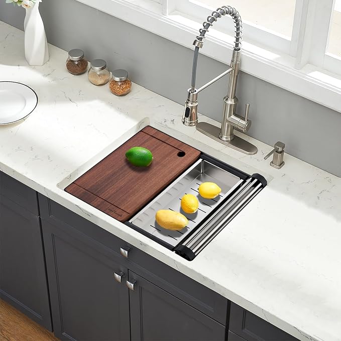 Undermount Kitchen Sink, 24 x 19 Inch Sink Kitchen 16 Gauge Stainless Steel Kitchen Sinks Single Bowl Workstation Sink with Cutting Board