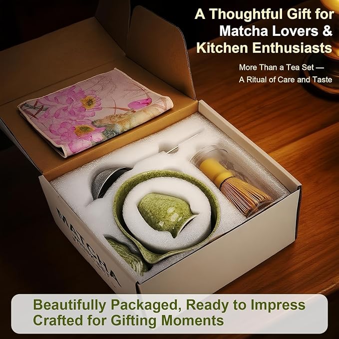 Matcha Whisk Set of 7 | Green Ceramic Matcha Tea Set – Matcha Bowl with Spout, Bamboo Whisk & Holder, Scoop & Rest, Sifter, Tea Towel – Japanese Tea Ceremony Starter Gift Set