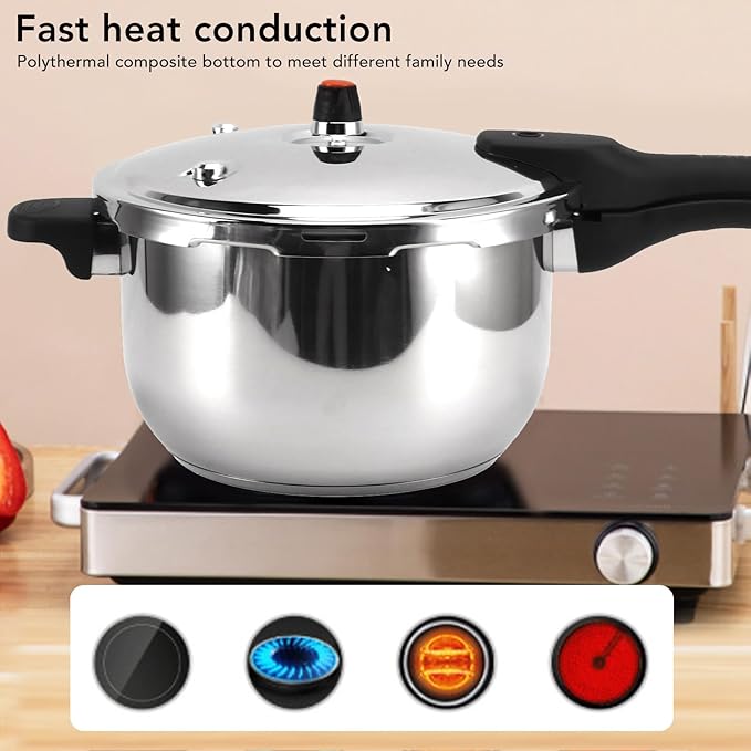 Stainless Steel Pressure Cooker, Fast Cooking Pot with Safety Valve, Multifunctional Design, Intelligent, Universal for Induction Cooktops and Stoves, Comfortable (5L)