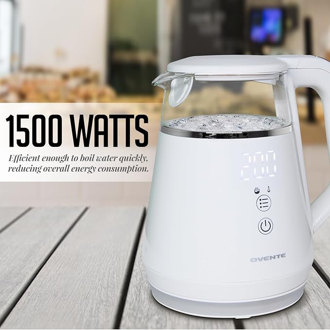 OVENTE Electric Kettle with 5 Temperature Control Presets, LED Digital Display, 5Hr Keep Warm Function, Auto Shut-Off and Boil Dry Protection, 1500W BPA Free Glass Water Heater and Boiler, White KD95W