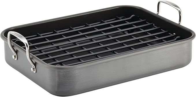 Rachael Ray Brights Hard Anodized Nonstick Roaster / Roasting Pan with Rack - 16 Inch x 12 Inch, Gray