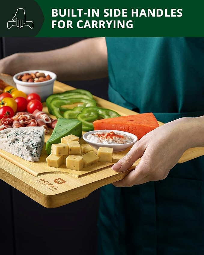 ROYAL CRAFT WOOD Wooden Cutting Boards for Kitchen Meal Prep & Serving - Bamboo Wood Serving Board Set with Deep Juice Groove Side Handles - Charcuterie & Chopping Butcher Block for Meat