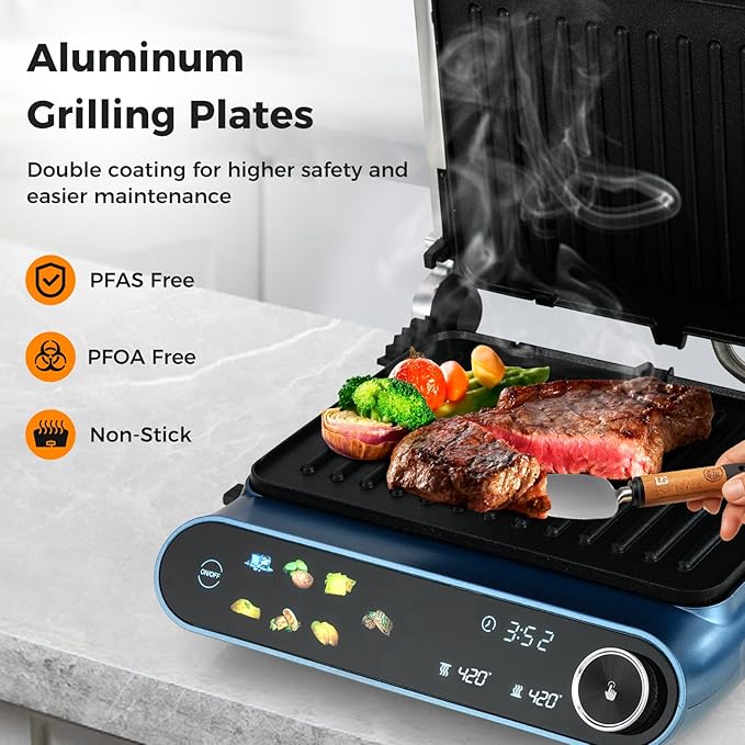 KOTEK Panini Grill Press Sandwich Maker, 3 In 1 Sandwich Press with Removable Non-Stick Plates & Drip Tray, Dishwasher Safe, 7 Cooking Modes, LED Touch Panel, Adjustable Temp, 1200W