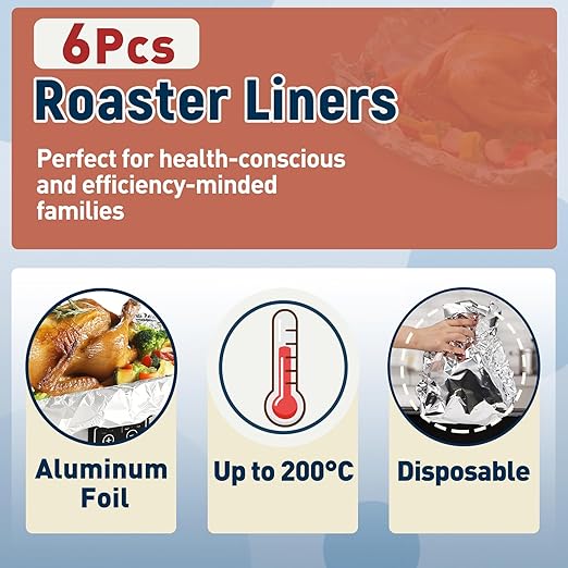 6 Foil Electric Roaster Liners, Disposable, Roaster Liners Fits 16, 18, and 20 Quart Electric Griddles, Ideal for Roasting Meats and Poultry, Food Grade Aluminum Foil, Instant Clean Up