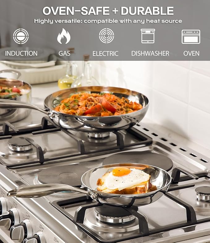 3-Ply Stainless Steel Fry Pan With Lid 10 Inch, Induction Compatible, Oven Broiler Safe 600F, Fast and Even Heat, 10"Frying Pan, Stay-Cool Handle, Dishwasher-Friendly, Compatible with All Cooktops