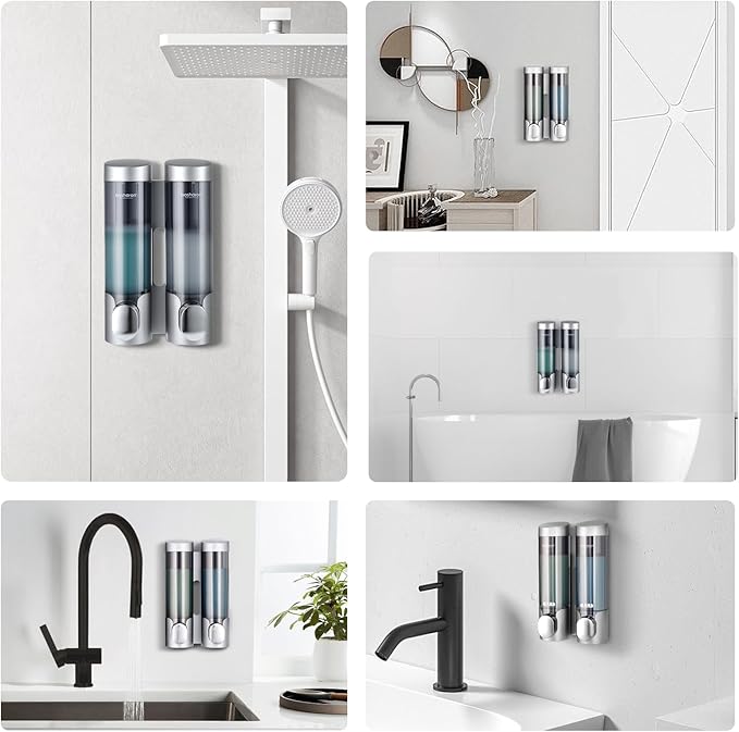 2 in 1 Shampoo and Conditioner Dispenser, 2320 ml Shower Wall Mounted Shampoo and Body Wash Dispenser for Bathroom and Hotel (2 Chamber + Silver)