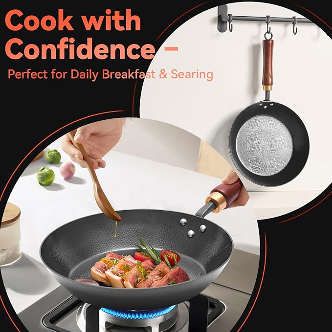 WANGYUANJI 10.2" Iron Skillet with Glass Lid & Griddle Spatula, Flat-Bottom Frying Pan, Hand-Hammered, Uncoated, Induction/Gas/Electric Compatible — Seasoning Required
