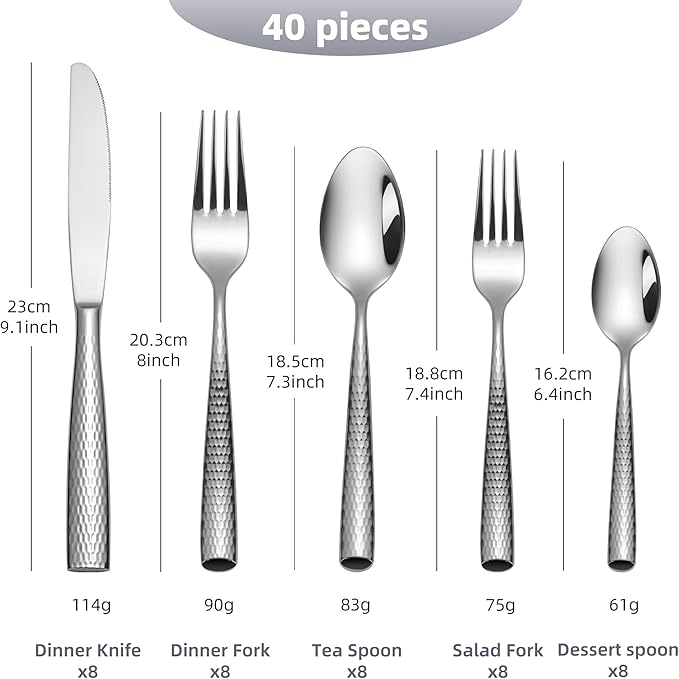 40-Piece Hammered Flatware Set, 18/10 Extra Heavy Weight Flatware for 8, High End Forged Silverware Set, Thick Handle, Dishwasher Safe