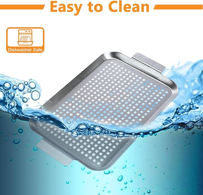Grill Pan Set of 2, BBQ Grill Topper for Outdoor Grill, Stainless Steel Grilling Baskets with Holes and Handles, Perforated Food Tray Barbecue Accessories for Vegetable, Fish, Large