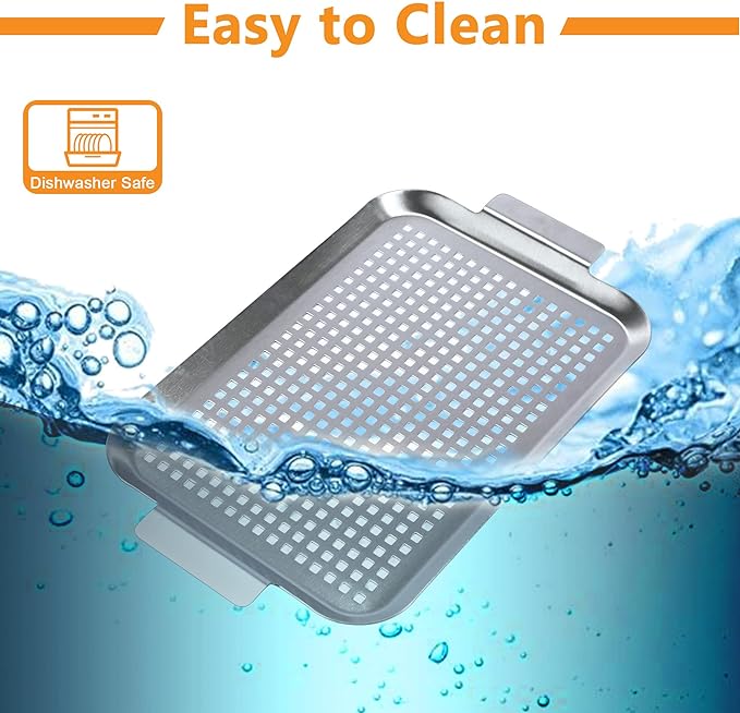 Grill Pan Set of 2, BBQ Grill Topper for Outdoor Grill, Stainless Steel Grilling Baskets with Holes and Handles, Perforated Food Tray Barbecue Accessories for Vegetable, Fish, Middle x 2