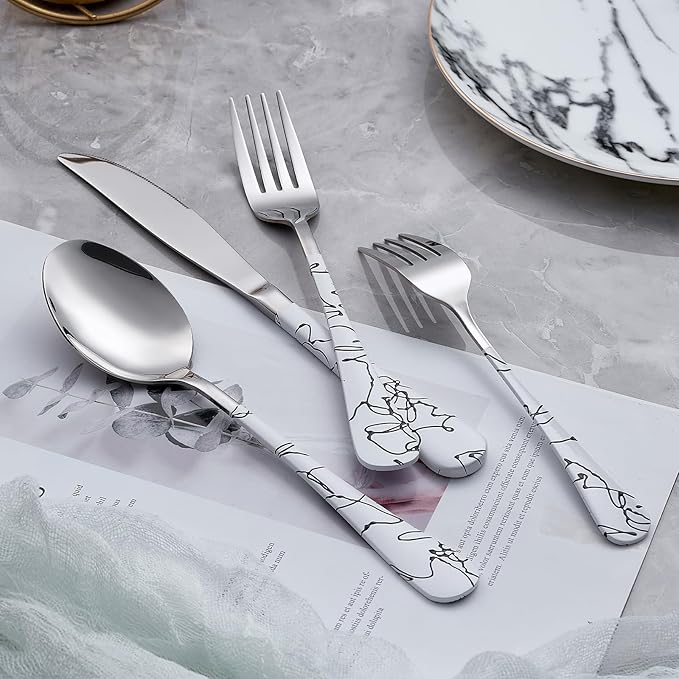 20-Piece Silverware Set with Stainless Steel Flatware - White Marbling Handle Cutlery - Dinner Knives, Forks, Spoons - Dishwasher Safe