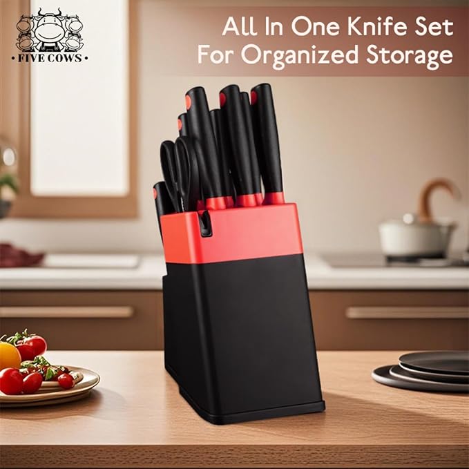 14 Pcs Kitchen Knife Block Set with Sharpener German High Carbon Stainless Steel Chef Knives, Razor-Sharp & Durable, Lightweight Anti-Slip Handle, Professional Set for Home & Kitchen (Red)