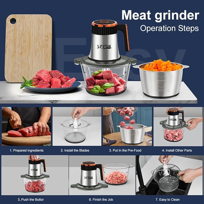Food Processors, 5-Speed Electric Food Chopper with Vegetable Chopper & Meat Grinder - 2 Bowls (8 Cup Stainless Steel+8 Cup Glass), 300W, 2 Sets of 4 Bi-Level Blades for Vegetable/Fruits/Meat
