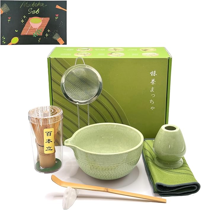 Matcha Whisk Set, 7 Pcs Matcha Set Includes Bowl, Whisk, Holder, Sifter, Bamboo Scoop, Spoon Rest and Tea Towel - Matcha Kit for Matcha Lovers (Mottled Green)