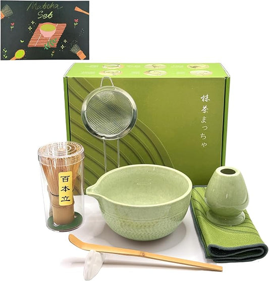 Matcha Whisk Set, 7 Pcs Matcha Set Includes Bowl, Whisk, Holder, Sifter, Bamboo Scoop, Spoon Rest and Tea Towel - Matcha Kit for Matcha Lovers (Mottled Green)