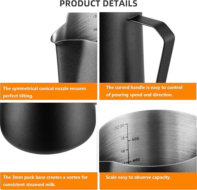 Milk Frothing Pitcher 20oz, Stainless Steel Milk Steaming Pitcher 600ml, Milk Frother Cup with Measurement Marks, Black