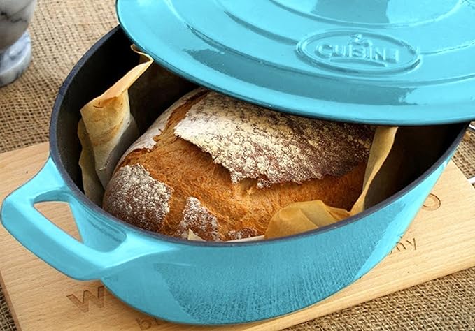 La Cuisine Enameled Cast Iron Oval Dutch Oven Casserole Pot with Lid, 6.75 QT Internal Matte Black Enamel for bread baking, 2-ton Teal Enamel Coating Finish Exterior, Oven Safe up to 500° F