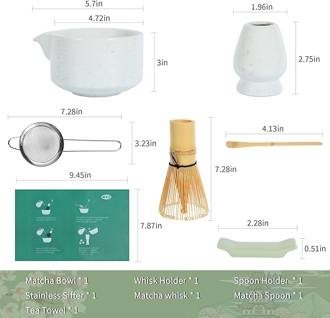 7pc Japanese Tea Set Includes Ceramic Bowl, White Matcha Whisk Set with Green Dot, Matcha Whisk and Holder, Stainless Sifter & Bamboo Scoop, Towel, Matcha Starter Kit for matcha Lovers