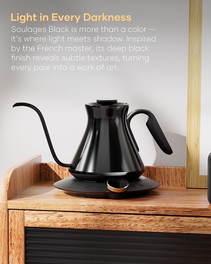 Cocinare FLOW M6 Pro Electric Gooseneck Kettle, ±0.5℉ Temperature Control for Pour-over Coffee & Tea, Stainless Steel Interior, Quick Heating for Boiling Water (Soulages Black)