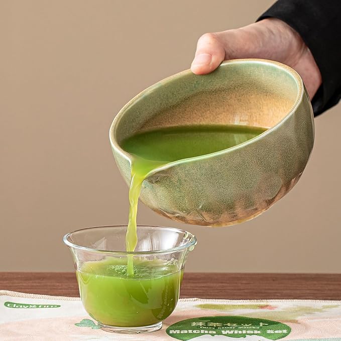 Clay&Fire Matcha Whisk Set，9 Pcs Ceramic Matcha Set, 15 OZ Matcha Bowl with Spout and Whisk for Friend, Ideal Gift for Matcha Lover（Kiln-change Green）