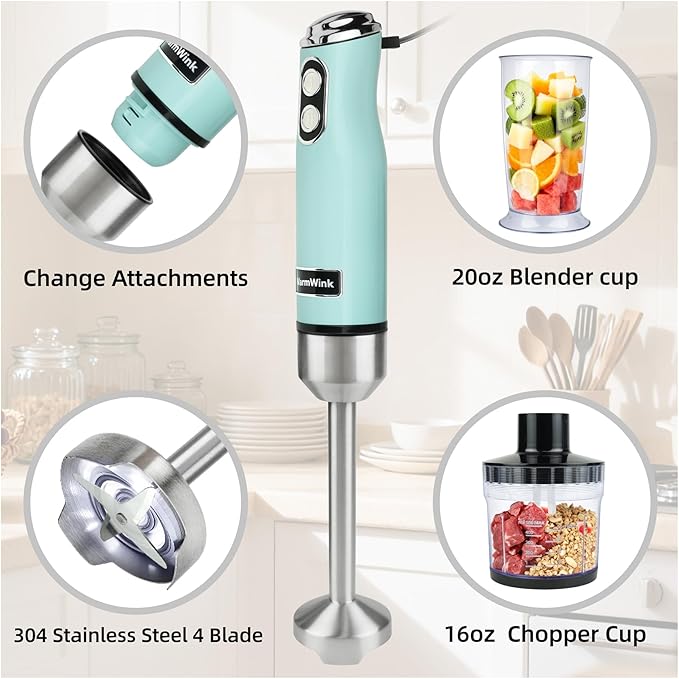 4 in 1 Corded Hand Blender Includes Food Chopper, Mixing Beaker Milk Frother and Whisk 600W Handheld Blender with Stainless Steel Blade, Baby Food Blender