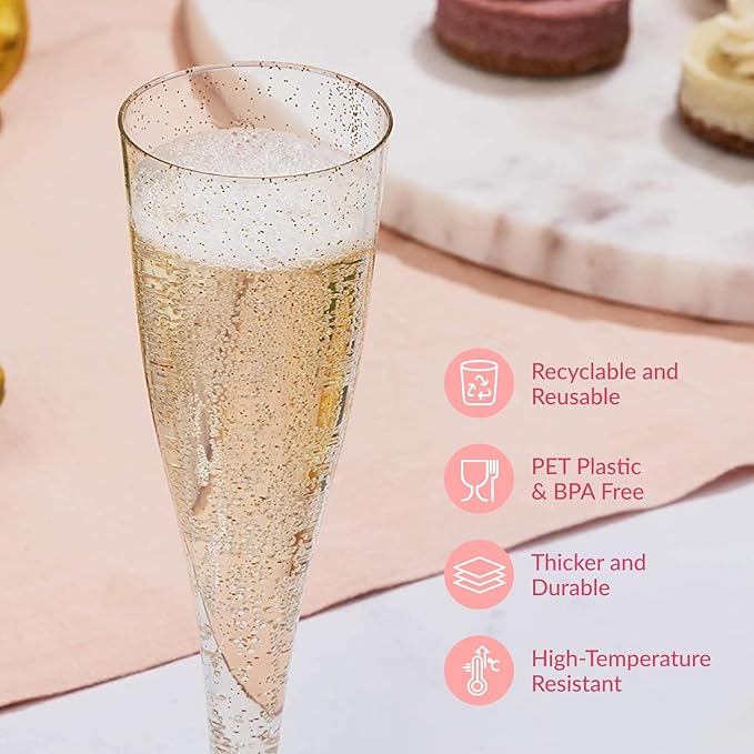 Prestee 24 Plastic Champagne Flutes - Gold Champagne Flutes Plastic - Gold Disposable Mimosa Flute - Party Supplies - Disposable Cocktail Glasses - Mimosa Bar, Wedding, Shower Party