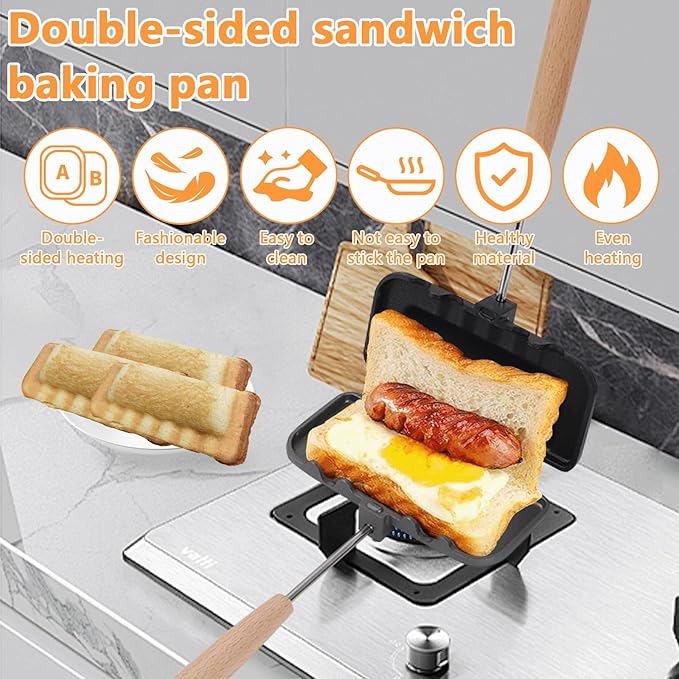 Sandwich Maker Pan, Double-Sided Sandwich Baking Pan Nonstick Sandwich Maker Flip Grill Pan Grilled Cheese Maker for Breakfast Pancakes Omelets Frittatas Toast(black and silver*1)