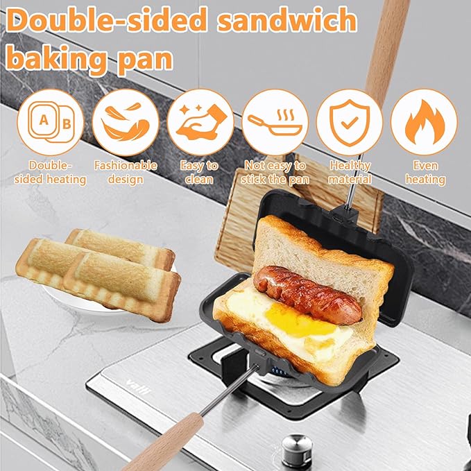 Qivine Sandwich Press Grill, Double Sided Bread Toaster Sandwich Makers, Non-Stick Grilled Cheese Maker for Stovetop, Portable Panini Maker with Removable Handle for Pancakes Toast Omelets