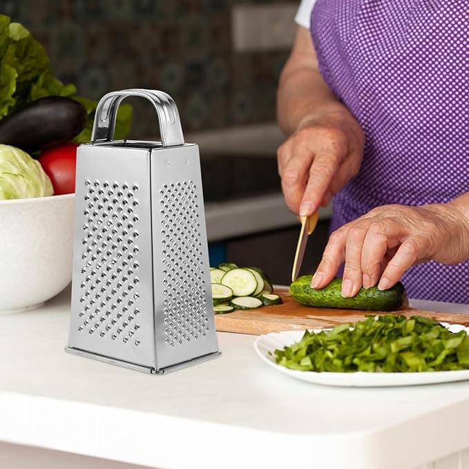 Cheese Grater - Stainless Steel Vegetable Grater with Handle, 4-Sided Multifunction Kitchen Box Garlic Slicer, for Cheese, Potato, Fruit & Vegetable 6.5 x 3.5 x 2.5 inch