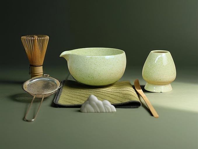 Matcha Whisk Set, Ceramic Matcha Set Includes Matcha Bowl, Matcha Whisk Chasen and Whisk Holder, Sifter, Bamboo Scoop, Scoop Rest and Tea Towel-7 Pcs Matcha Kit for Matcha Lovers (Sage Green)