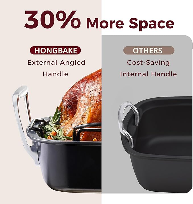 HONGBAKE Extra Large Turkey Roasting Pan with Rack (U-Shaped), 18.7×13.6 Inch Nonstick Roaster Pan for 25 lb Turkey & Chicken, Deep Turkey Tray for Oven, Wider Handles, 0.8 mm Heavy Duty Steel, Gray