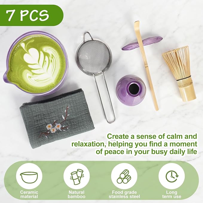 7Pcs Matcha Whisk Set,Ceramic Matcha Tea Set Includes Whisk Matcha Bowl Scoop and Whisk with Holder Sifter Towel,Elegant Matcha Kit Gift for Matcha Enthusiasts and Tea Lovers(Purple)